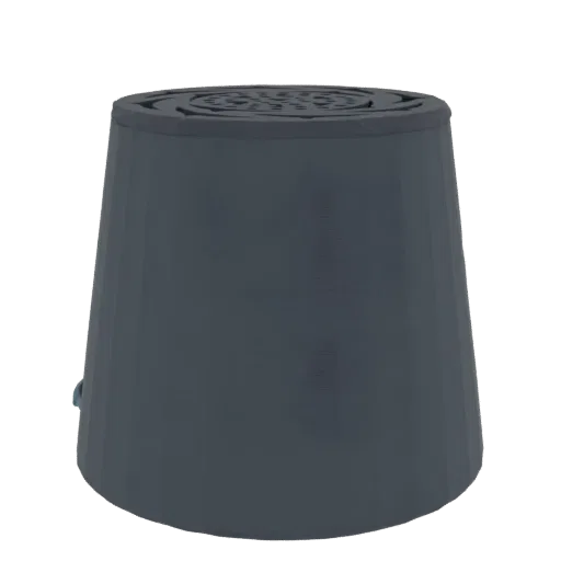 3D model render of a dark gray conical air filter housing with a patterned top grille.