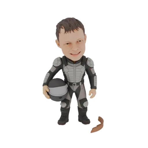 3D model of a motorcycle racer bobblehead wearing a grey and black racing suit and holding a helmet.
