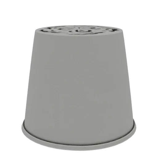 A 3D render of a simple, matte gray flower pot with a textured rim, shown against a white background.
