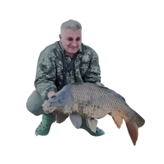 3D-Modell eines Fischers in Tarnung, der hockt und einen großen Karpfen hält