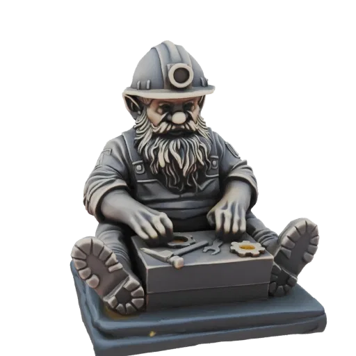 3D model of a gnome miner wearing a hard hat, sitting with a toolbox containing miniature tools.