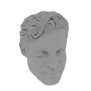 Rendu 3D d'un buste classique d'homme avec une coiffure ondulée, présenté dans un matériau gris neutre.