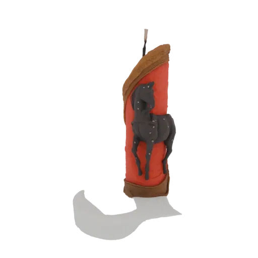 3D model of a decorative Western boot with a red shaft, brown trim, and a black horse figure, set against a black background.