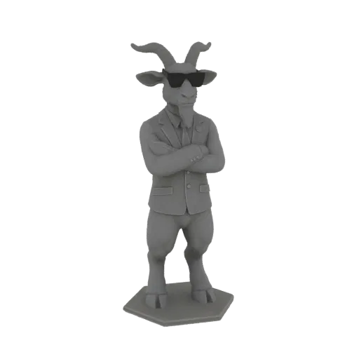 3D model of a grey goat wearing sunglasses and a suit, standing with arms crossed on a hexagonal base.