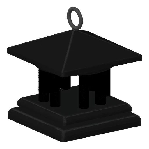 A 3D render of a dark gray ancient Greek temple model with columns and a pyramidal roof, featuring a small ring at the apex.