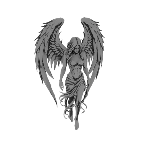 3D model of a gothic angel with large, detailed wings and flowing drapery, rendered in grayscale.
