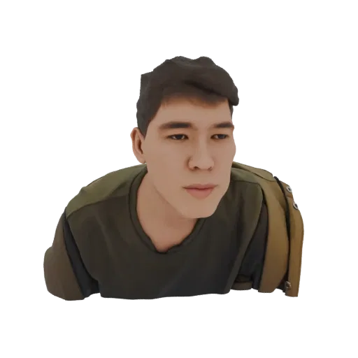 3D model render of a young man's bust, featuring short dark hair, a green t-shirt, and a brown jacket, with a neutral express