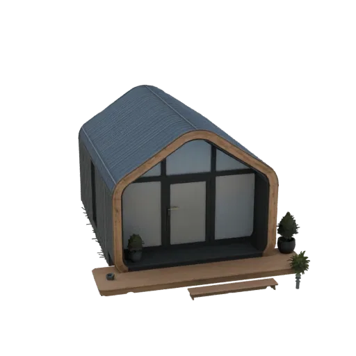 3D model of a modern tiny house with a curved dark roof, large glass doors, a wooden deck, and potted plants.
