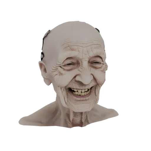 3D model render of an elderly woman's face mask, with deep wrinkles and a wide, joyful laugh.
