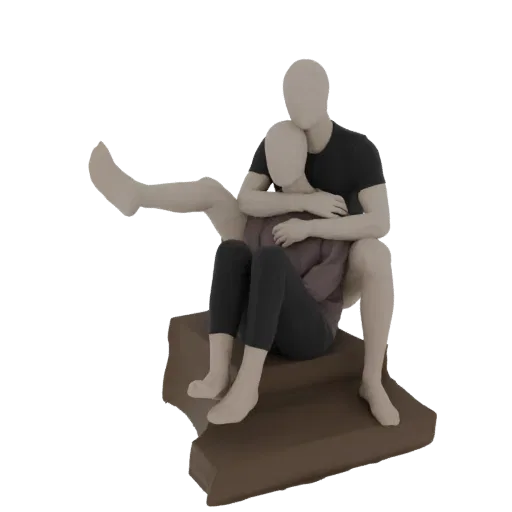 3D model of two featureless mannequins in a close embrace, seated on simple brown steps, with one figure's leg extended.