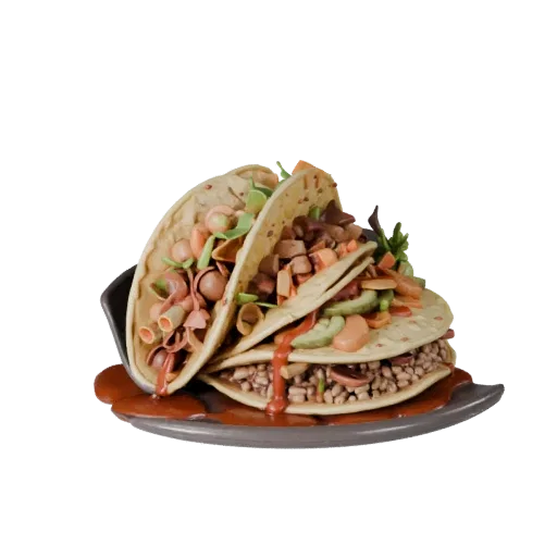 Homestyle Taco Platter Realistic 3D model, three-quarter studio render, showing sauces, plated composition.