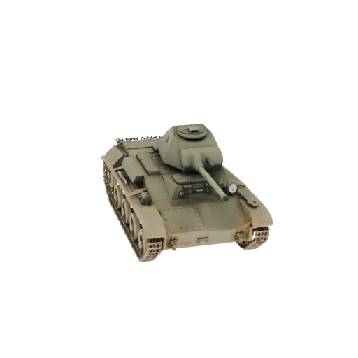 Modelo 3D de um tanque rápido soviético BT-7, representado de uma vista frontal-três-quartos com acabamento verde desgastado.