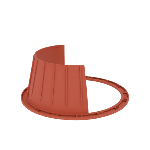 3D model of an orange fluted funnel base with a wide rim and vertical fluting, set against a black background.
