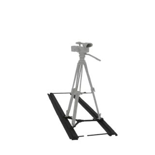 3D model of a professional video camera mounted on a black dolly track, rendered in a neutral grey tone against a black backg