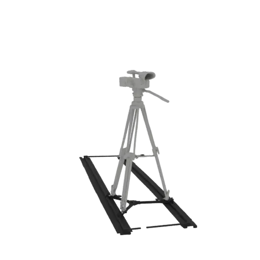 3D model of a professional video camera mounted on a black dolly track, rendered in a neutral grey tone against a black backg