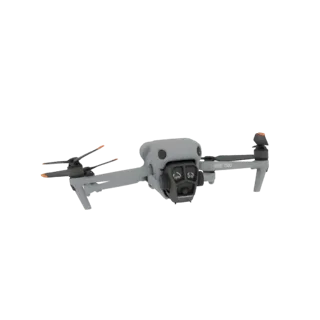 Front view of a 3D model of a DJI Mavic 3 Pro drone, showcasing its grey body and triple-camera system.