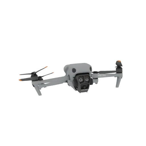 Front view of a 3D model of a DJI Mavic 3 Pro drone, showcasing its grey body and triple-camera system.