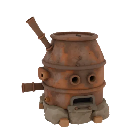 Modelo 3D low-poly de fornalha rústica feita de barril enferrujado, base de pedra e tubos de sucata.