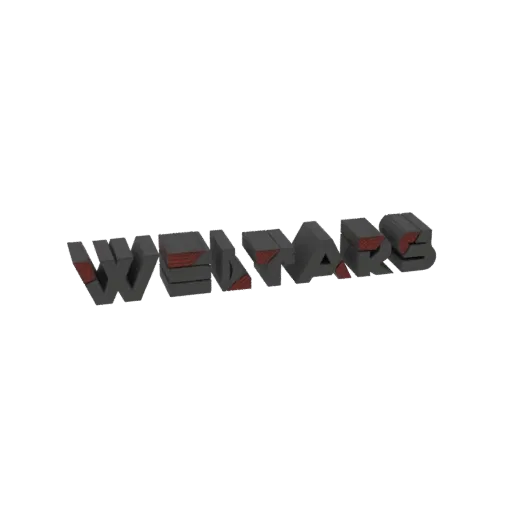 A 3D render of the 'Weltars' logo, with bold, dark gray letters and sharp red accents, presented on a white background.