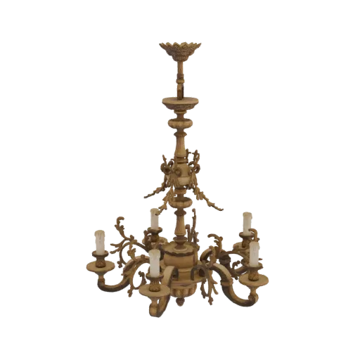 3D model of an ornate Baroque chandelier with multiple candle holders and intricate carvings, rendered against a white backgr