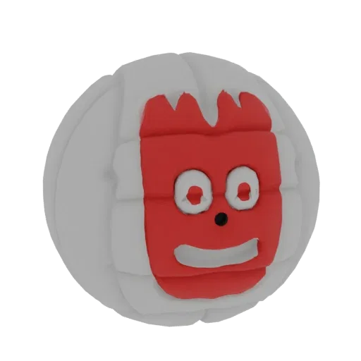 3D render of a white volleyball with a cute, cartoonish red face featuring big eyes and a smile, set against a black backgrou