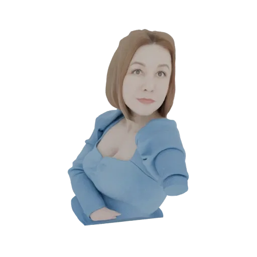 3D model of a woman with brown hair, wearing a blue dress with puffed sleeves, arms crossed.