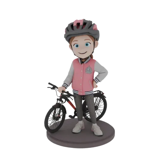 3D model of a young girl wearing a pink helmet and cycling jacket, standing next to her bicycle.