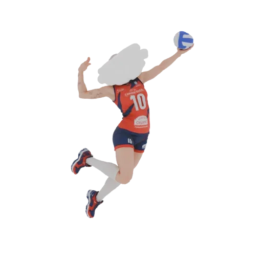 3D model of a female volleyball player in a dynamic mid-air jump pose, wearing a red and blue uniform, with a volleyball abov