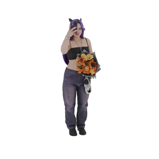 Modelo 3D de joven con pelo morado sosteniendo flores y teléfono, tomándose una selfie.