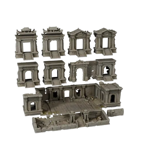 Ancient Temple Courtyard Modular 3D model, isometric modular kit view, showing aged stone, built remnants.