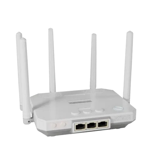 Modello 3D Low Poly Router, vista a tre quarti del viewport di gioco, che mostra plastica bianca, geometria compatta del dispositivo.