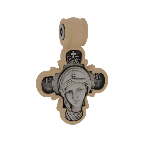 3D model of an Orthodox Christian cross pendant featuring a detailed relief of the Virgin Mary's face and religious inscripti