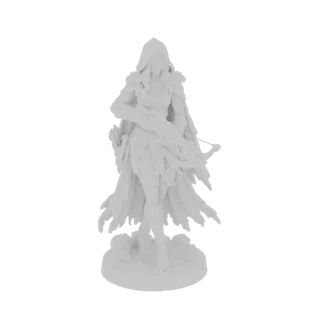3D model of a fantasy archer with a hood, holding a bow and arrow, standing on a textured base.