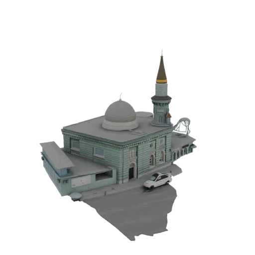 3D model of an Islamic mosque with a tall minaret, a dome, and a white car on the road, set against a white background.