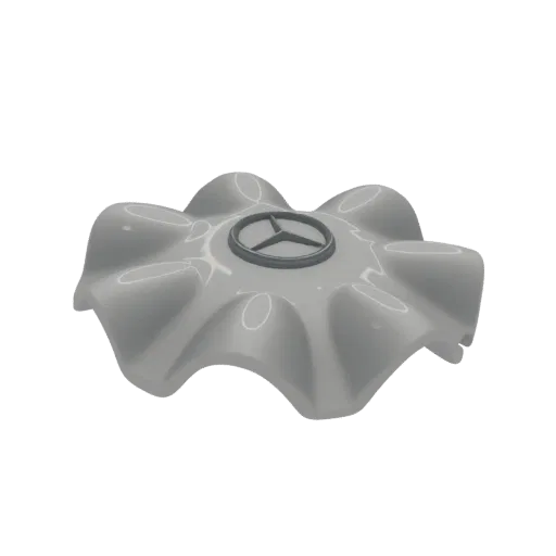 3D model of a glossy white Mercedes-Benz hubcap with the silver three-pointed star emblem in the center, against a black back