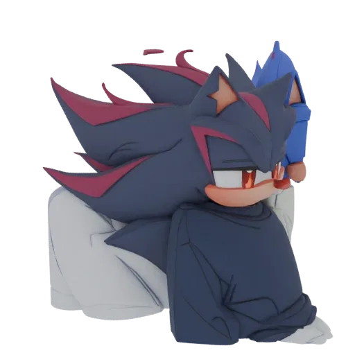 3D model of Shadow the Hedgehog wearing a dark blue hoodie with red accents, looking to the side with a serious expression.