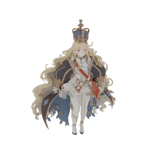 3D model of a regal anime queen with blonde hair, wearing a blue and gold crown and a dark cape with blue accents.