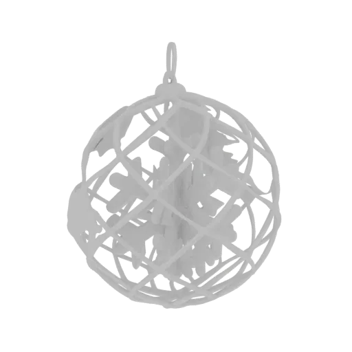 Un rendu 3D détaillé d'une boule de Noël blanche ornée avec un extérieur en treillis géométrique et un intérieur semblable à