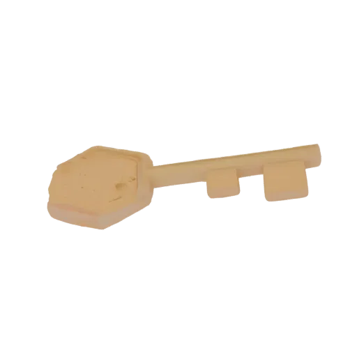 A 3D render of an ornate key with a brass-like finish, isolated on a white background.