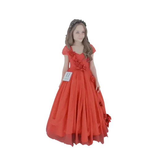 3D model of a young girl wearing an elegant, floor-length red dress with floral embellishments and a tiara.