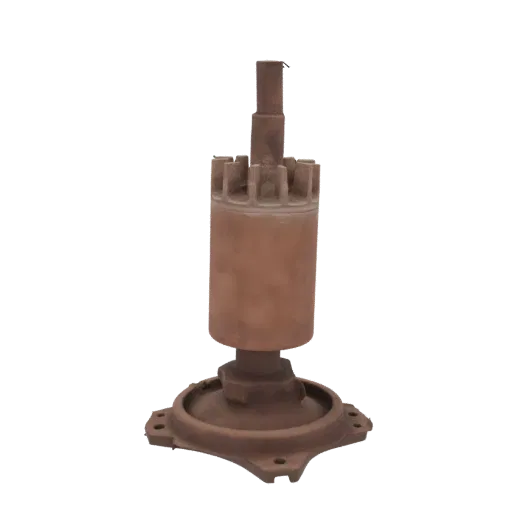 3D model of an industrial rotor assembly with a toothed cylinder, shaft, and a flanged base plate, rendered in a metallic, weathered texture.