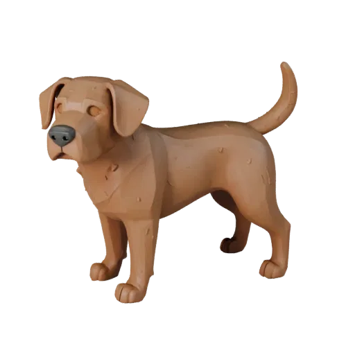 High Poly Dog STL model, isometric display view, print-ready animal figure with muzzle planes, paw pads, ear silhouette, and tail carriage; neutral and PBR