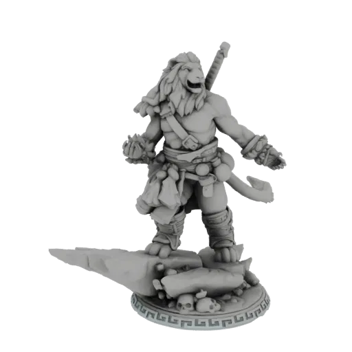 3D model of a fierce Lionfolk warrior with a lion's head, holding a sword and shield, standing on a base with skulls.