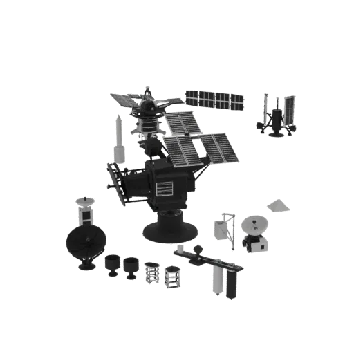Communication Orbital Telescope Printable 3D model, isometric STL render, showing solar panels, spacecraft silhouette.