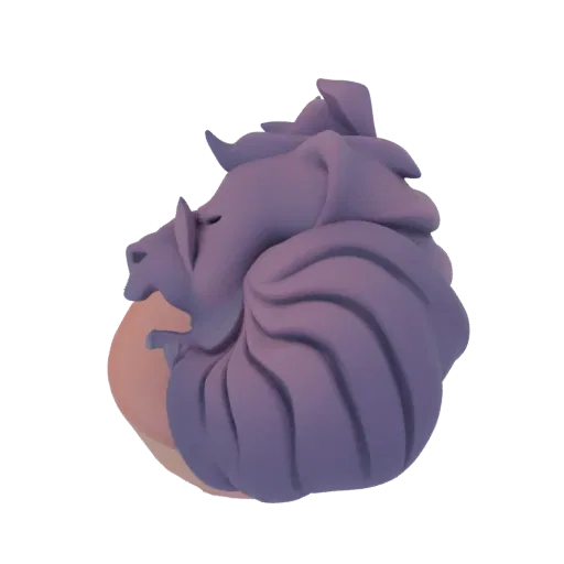 A 3D render of a stylized purple lion with a large, swirling mane, viewed from the side.