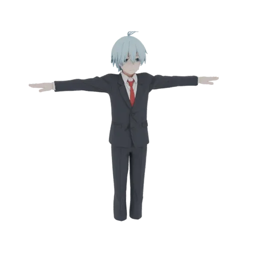 Modelo 3D de um garoto anime com cabelo azul claro vestindo um terno escuro e gravata vermelha, em pose T.