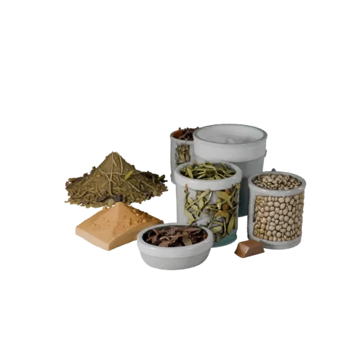 Spice Herb Bundle High Poly 3D model, close-up studio render, showing powders, small ingredient shapes.