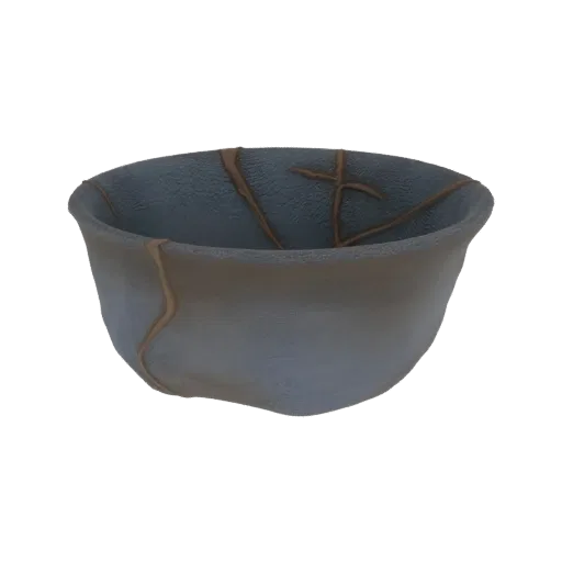 3D model of a grey ceramic bowl repaired with golden Kintsugi seams, presented on a white background.