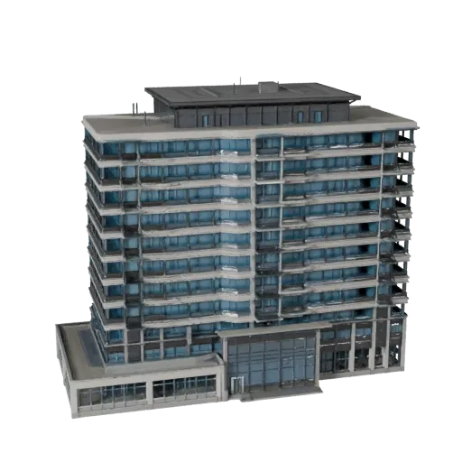 Office Building Unreal Engine-ready 3D model, Unreal Engine viewport, showing commercial office building materials and architectural detail