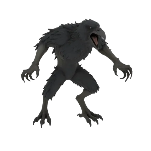 A menacing 3D model of a raven-man creature with sharp claws and an open beak, in an aggressive pose.